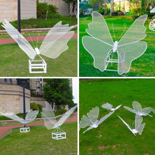 戶外不銹鋼雕塑公園林廣場草坪景觀裝飾鐵藝?yán)ハx鏤空發(fā)光蝴蝶擺件