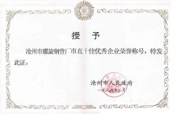 1995年滄州市十佳優(yōu)秀企業(yè)